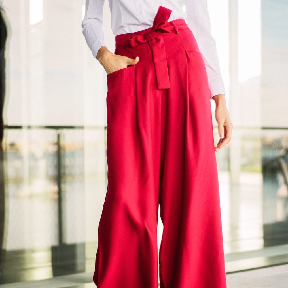 Wide leg red high waisted pants